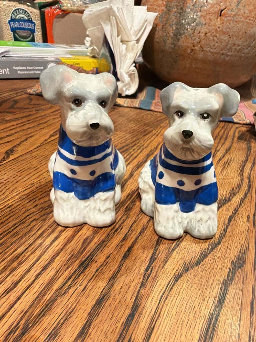 Vintage Ceramic Schnauzer Dog Salt and Pepper Shakers in Blue Sweaters Set